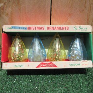 Vintage Set of 4 Jewel Brite Plastic Teardrop Shape Diorama Christmas Ornaments